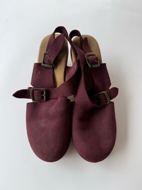 Caloun Swedish Burgundy nubuck Clog Sandals  Mules, Low Heel Sz 41 US 10